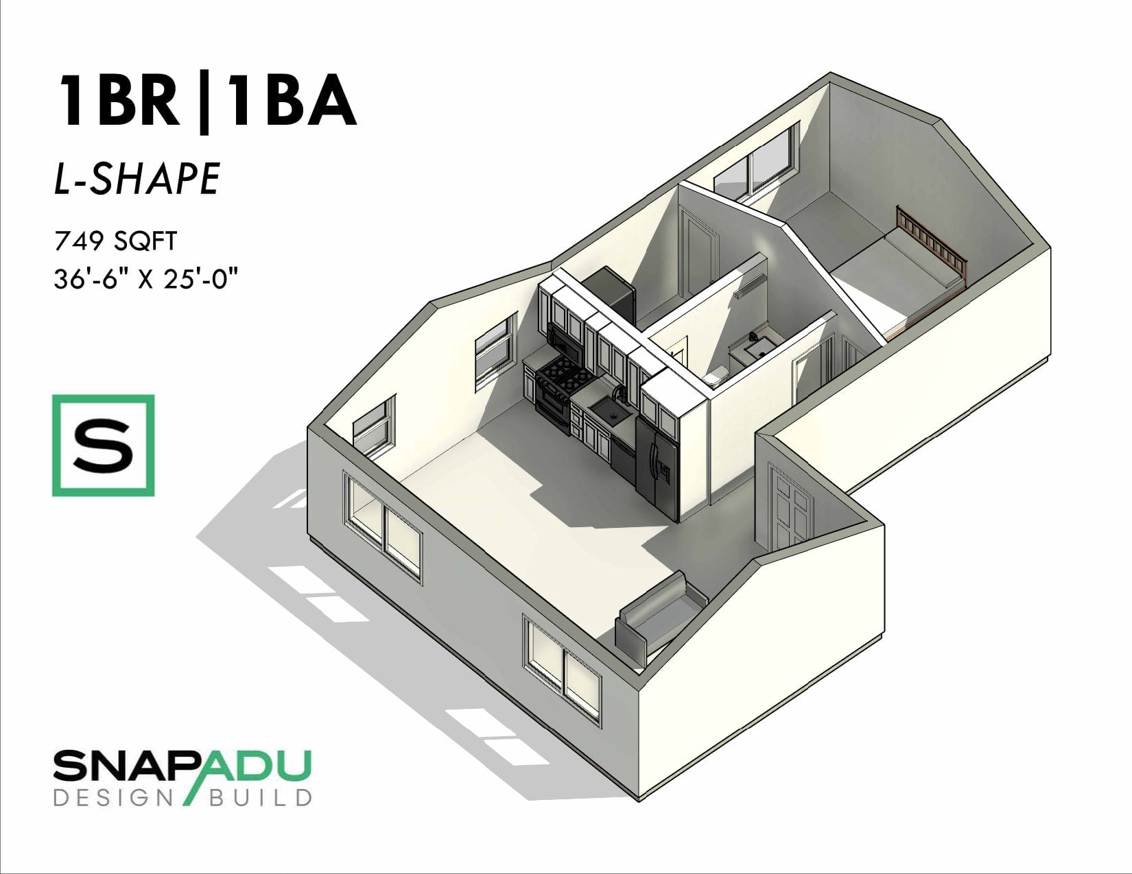 748-1x1-L-Shape_W2 ADU Floor Plan 1BR 1BA Under 750 sqft L-Shape Dollhouse View