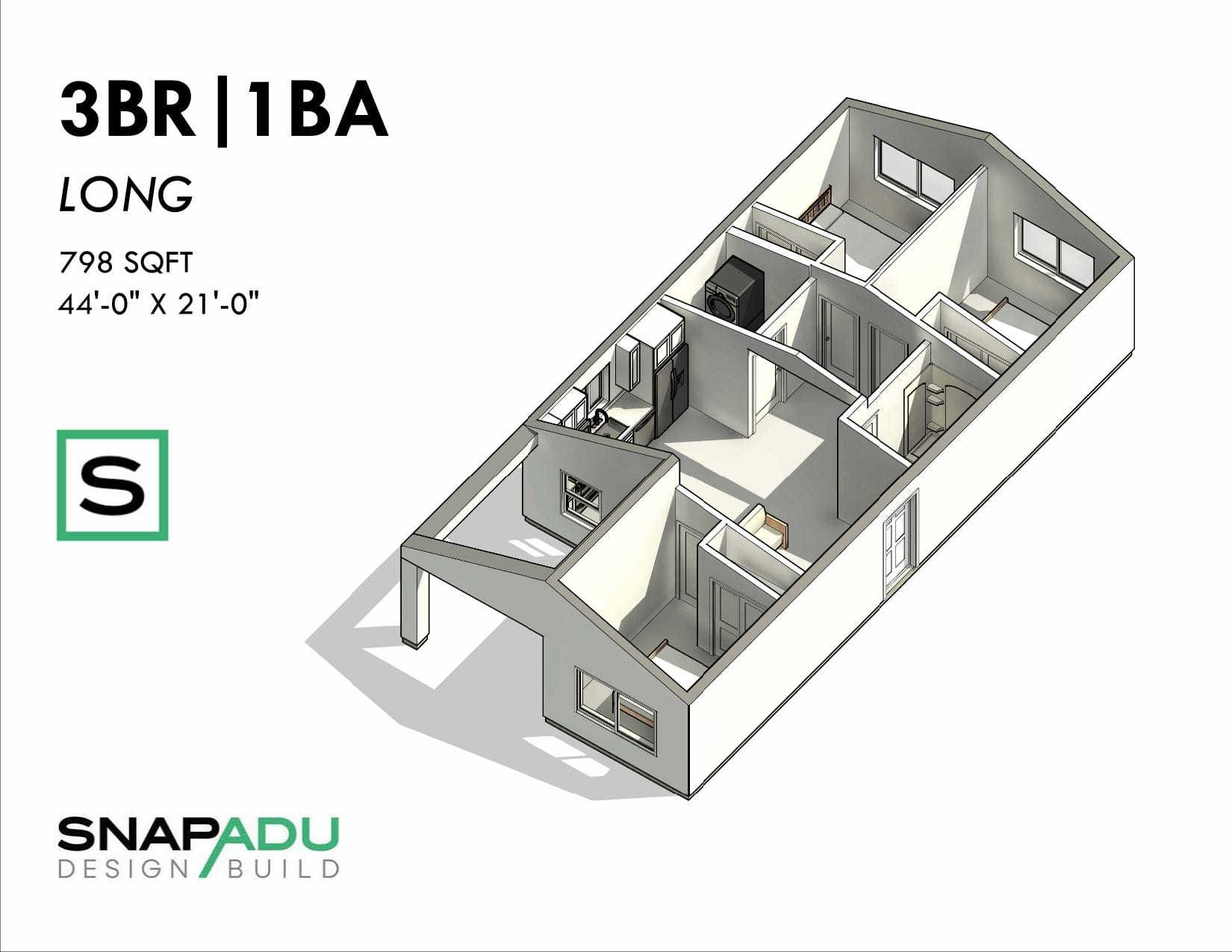 798-3x1-Long_W2 ADU Floor Plan 3BR 1BA Under 800 sqft L-Shape 44x21 3D View
