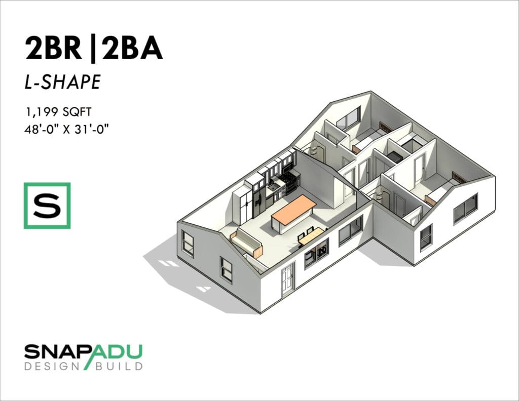 ADU Floorplan - 2 Bedroom plan under 1200 sqft - SnapADU Our 2 bedroom ADU floor plan under 1200 sqft includes a spacious living room, two bedrooms with ample closet space, a full bathroom, and a cozy kitchen with all the essential appliances. This design maximizes space and functionality, making it perfect for a small family or as a rental unit on your property.