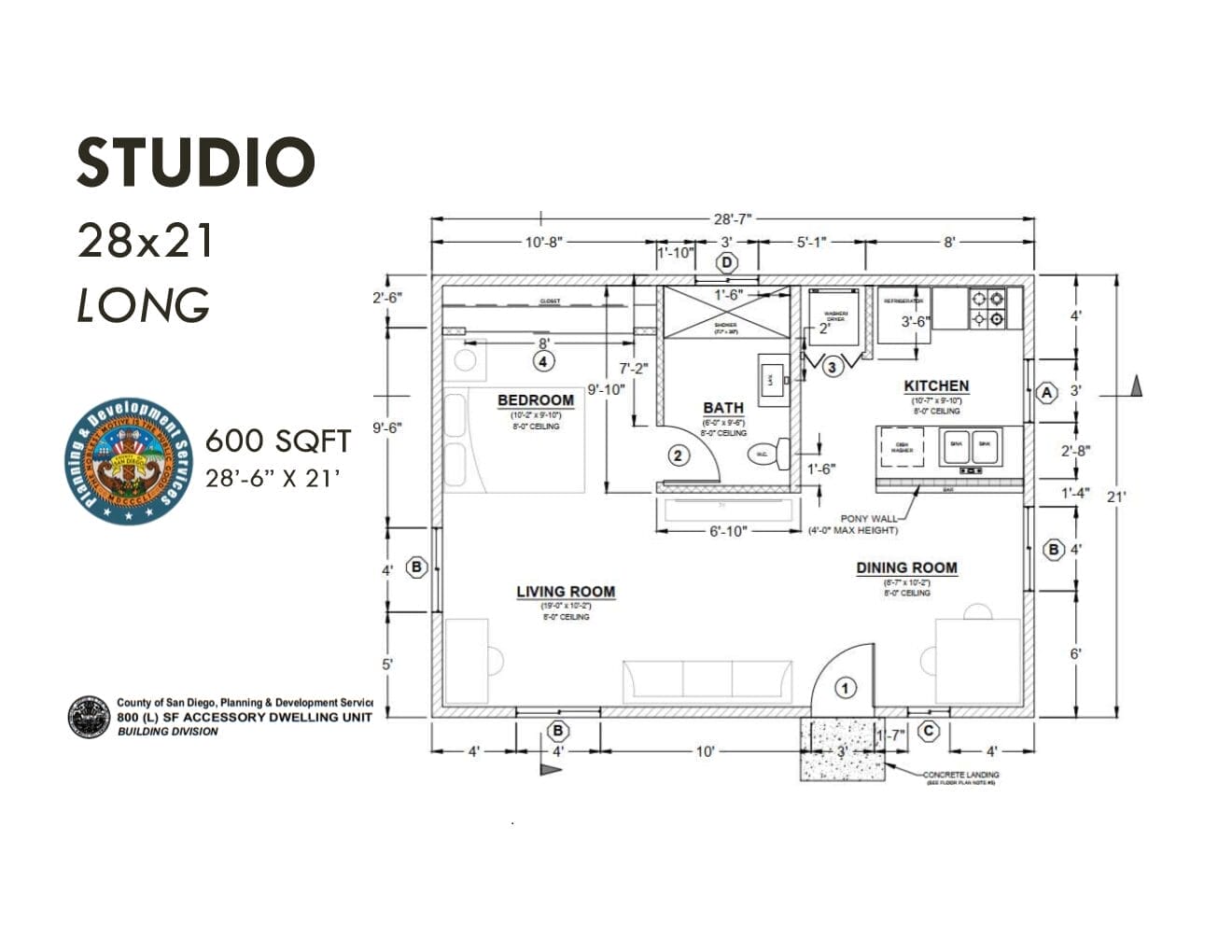 Studio ADU Floor Plan 0BR R 600 SF 28x21 San Diego County Standard Plan