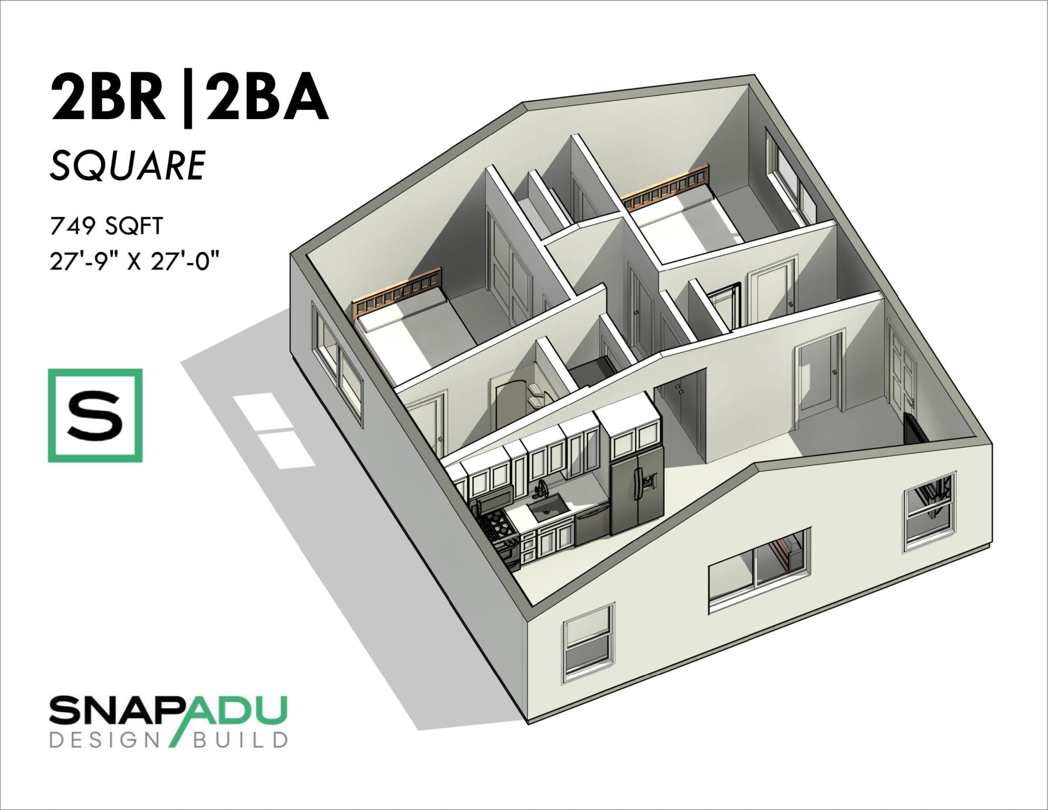ADU Floor Plan 2BR 2BA 749 SF 28x27 SQUARE ADU 3D View ADU 2 bedroom Floor Plan 2BR 2BA 749 SF 28x27 SQUARE ADU 3D View