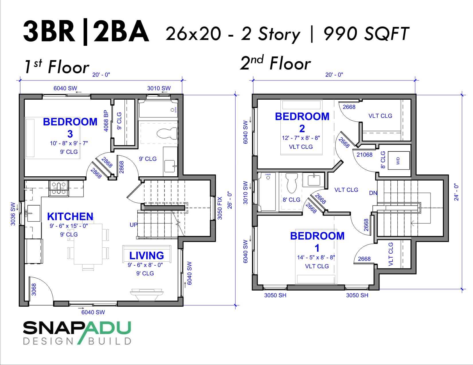 2 Story Guest House Plans - 1000 Sq Ft 3 Bed 2 Bath Design